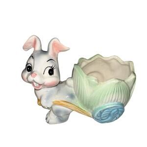 Kitsch Vintage Easter Bunny Rabbit Ceramic Wheelbarrow Planter Candy Dish Bowl